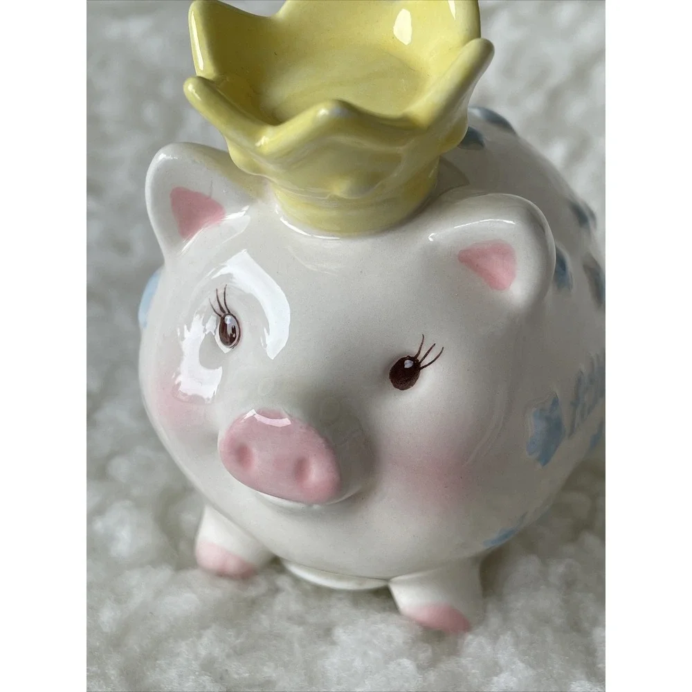MUD PIE BABY LITTLE PIG PRINCE COIN BANK Blue White Pink With Yellow Crown!